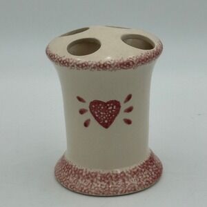 Vintage Loomco China Ceramic Toothbrush Holder Red Heart Sponge Print Farmhouse